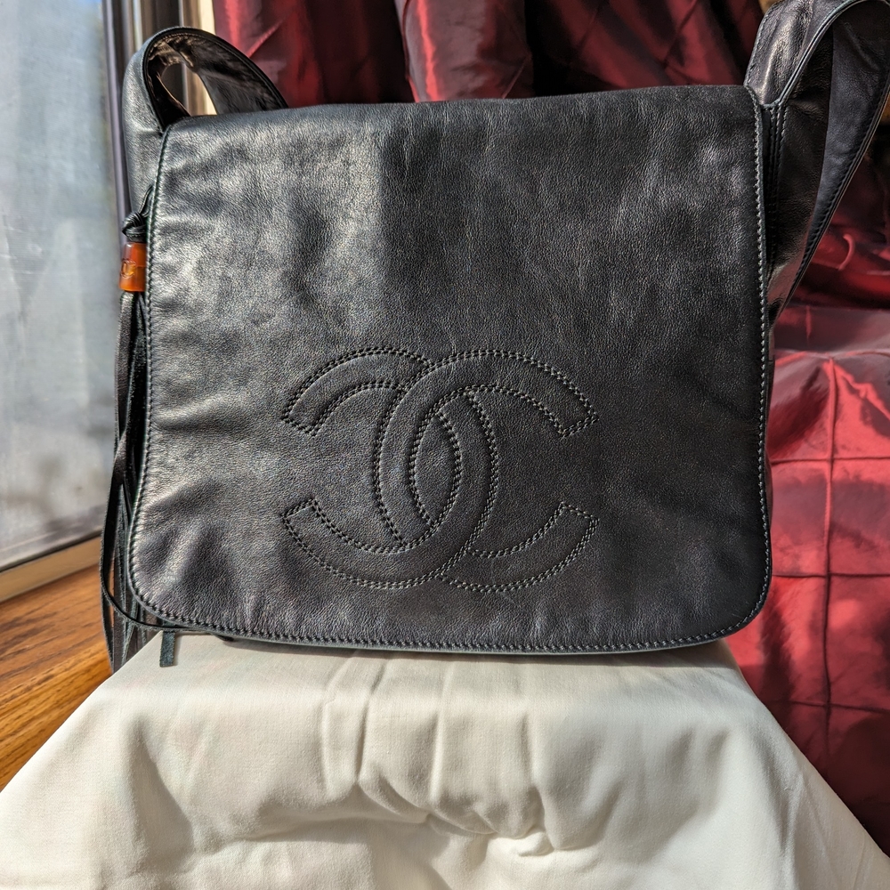 Rare Black Lambskin Large CC Tassel Hobo Bag Gold Hardware, 1996-1997